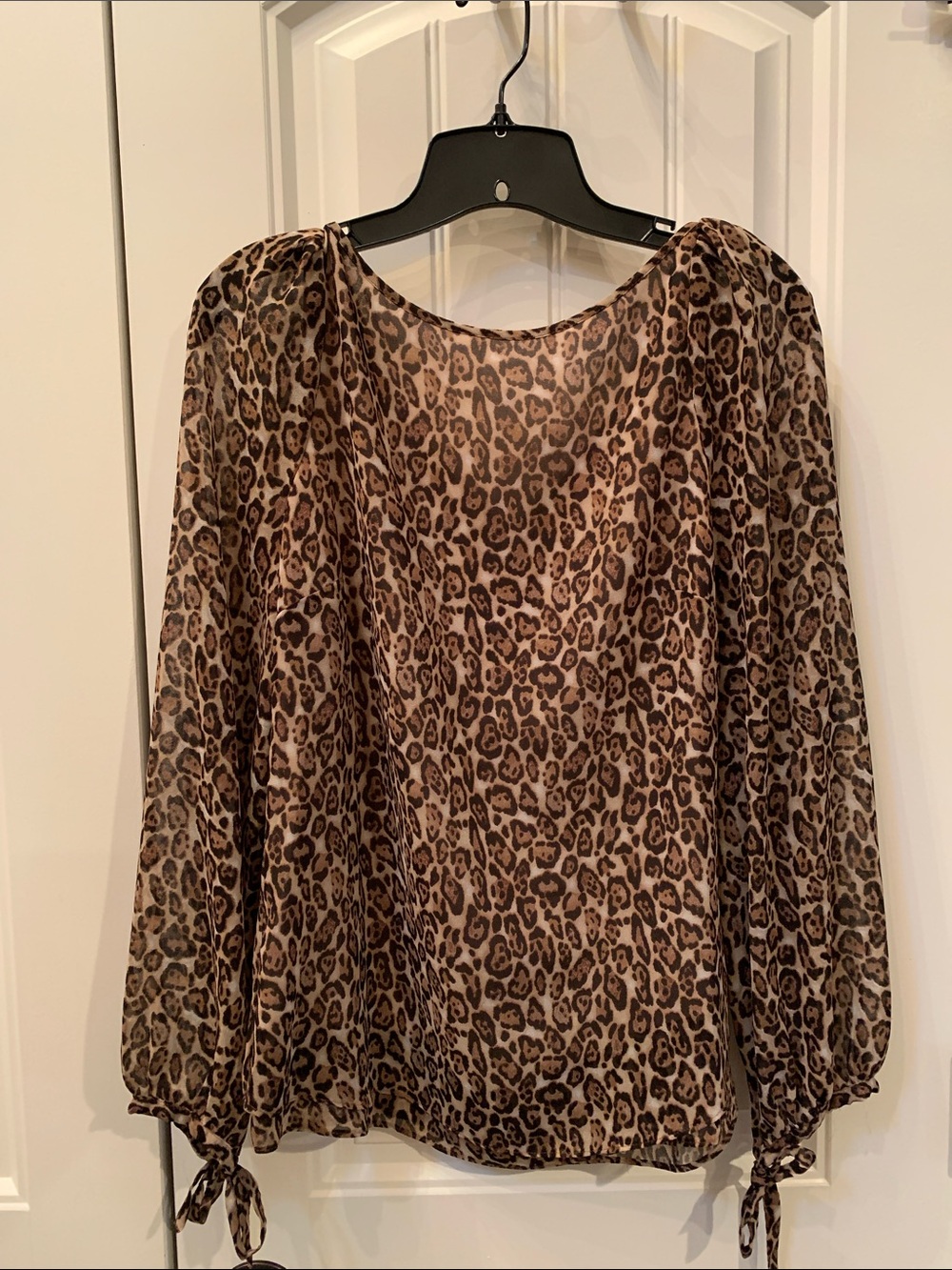 White House Black Market Brown Leopard Print Sheer Tie-Cuff Blouse